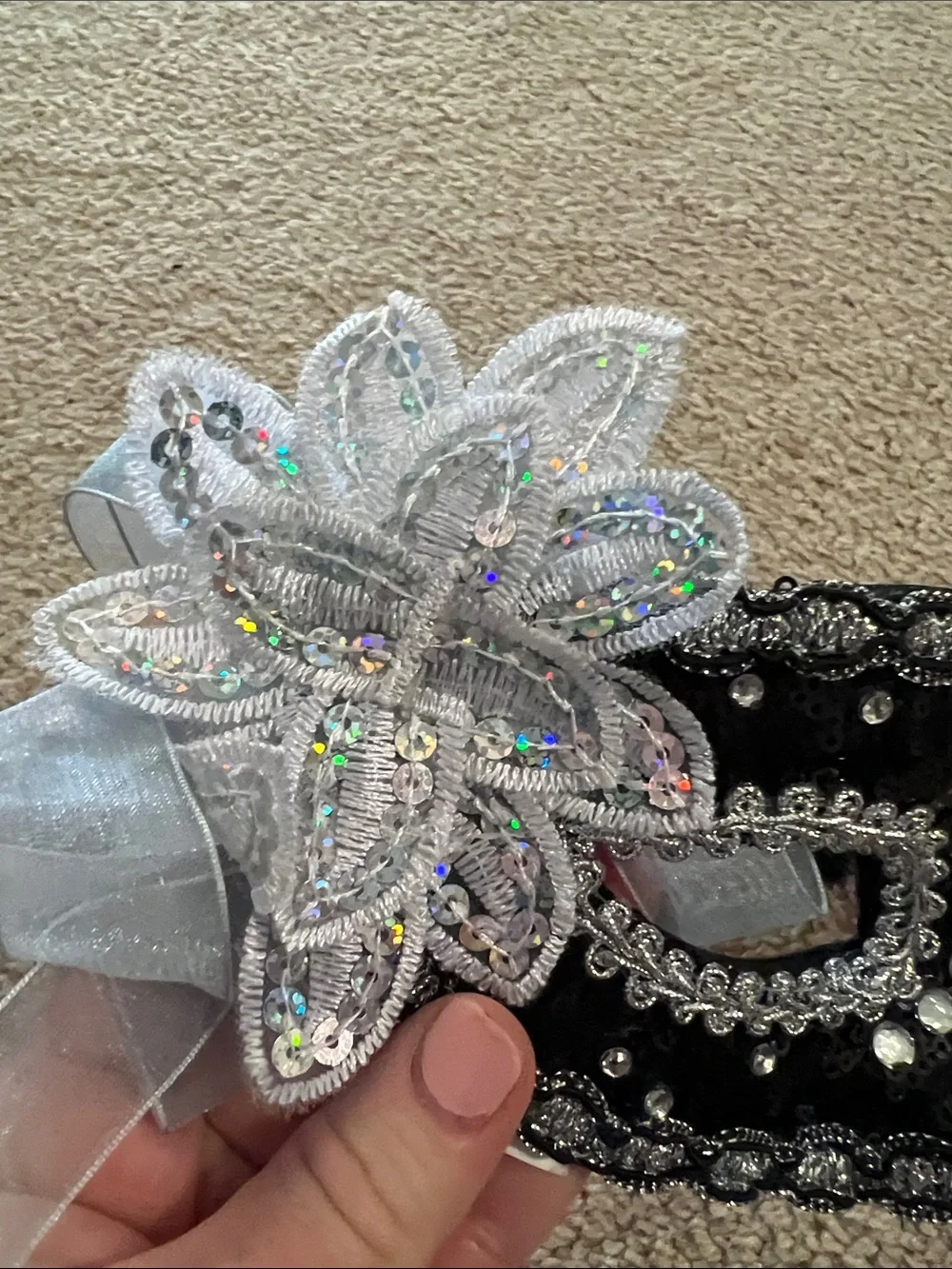 Black and Silver Beaded Masquerade Eye Mask with Ribbon Accent